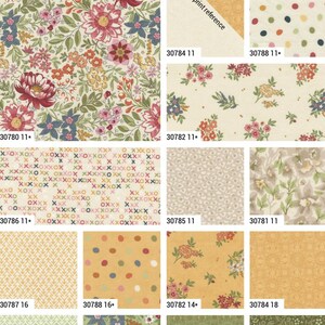 May include: A collection of Fieldrush by BasicGrey fabric swatches featuring various patterns including floral prints with red, pink, and blue flowers, polka dots, geometric shapes, and abstract textures in shades of cream, yellow, green, and brown.