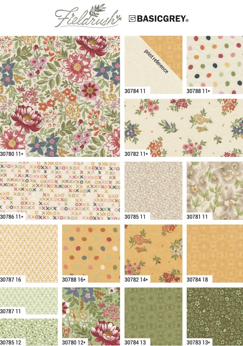 May include: A collection of Fieldrush by BasicGrey fabric swatches featuring various patterns including floral prints with red, pink, and blue flowers, polka dots, geometric shapes, and abstract textures in shades of cream, yellow, green, and brown.