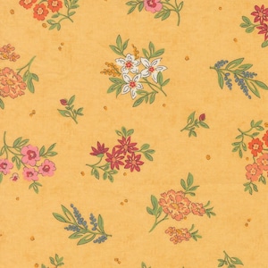 May include: A fabric pattern featuring a mustard yellow background with scattered floral clusters in shades of pink, orange, white, and blue, accented by green leaves and stems, along with small yellow dots dispersed throughout the design.