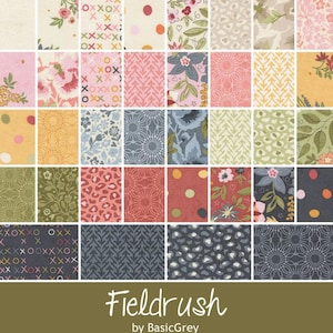 May include: A collection of forty-two fabric swatches arranged in a grid, featuring diverse patterns including floral prints, geometric shapes, polka dots, animal prints, and cross-stitch motifs in various colors. The text reads Fieldrush by BasicGrey.