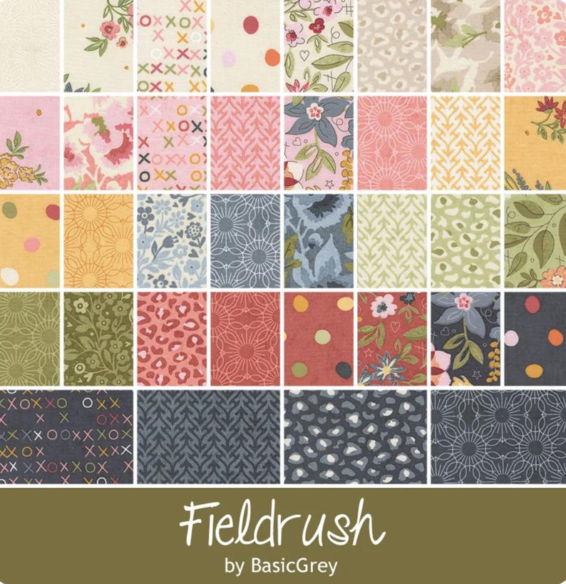 May include: A collection of forty-two fabric swatches arranged in a grid, featuring diverse patterns including floral prints, geometric shapes, polka dots, animal prints, and cross-stitch motifs in various colors. The text reads Fieldrush by BasicGrey.