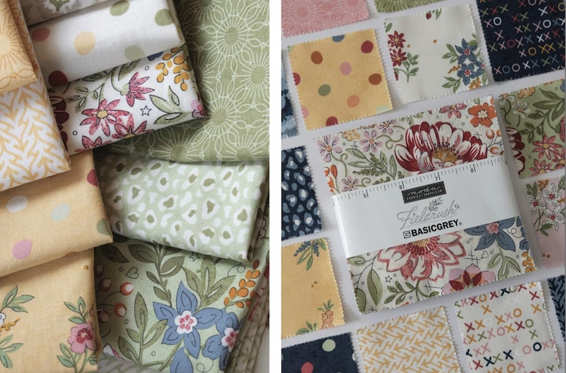 May include: A collection of fabric squares featuring various patterns including floral prints, polka dots, and geometric designs in shades of green, yellow, pink, and navy. A white paper band labeled Moda Fabrics Fieldrush BasicGrey wraps around the center.
