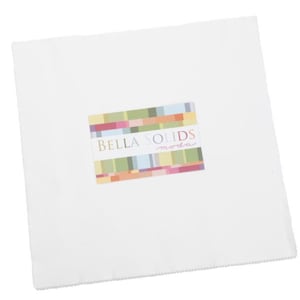 May include: A square white fabric with a colorful rectangular label that reads "BELLA SOLIDS moda". The label has a pattern of colorful rectangles. The fabric has a textured edge.