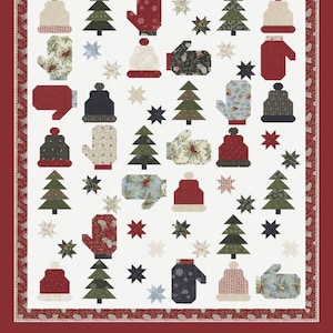 May include: A quilt featuring a repeating pattern of winter-themed icons including pine trees, knit hats, mittens, and stars in shades of red, green, navy, and cream. The quilt has a red border and text reading CHD 2544 Playing in the Snow 60" x 69" LC Friendly by Coach House Designs.