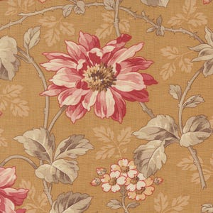 May include: Floral fabric featuring large pink and red flowers with a brown center, surrounded by gray leaves and stems. The background is a warm, golden-yellow color, creating a vintage aesthetic. The design is suitable for various craft projects.