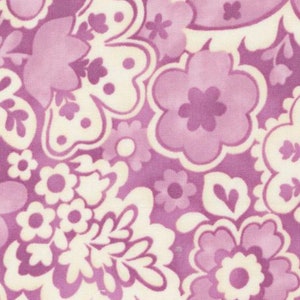 May include: Purple and white floral fabric with a paisley pattern. The fabric features a variety of flower shapes and sizes, including small, medium, and large flowers.