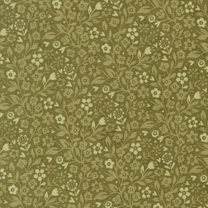 May include: A fabric featuring an olive green background with a dense, repeating pattern of small, light cream-colored flowers, leaves, and stems. The design consists of various five-petaled blossoms, buds, and foliage arranged in a continuous vine-like layout.