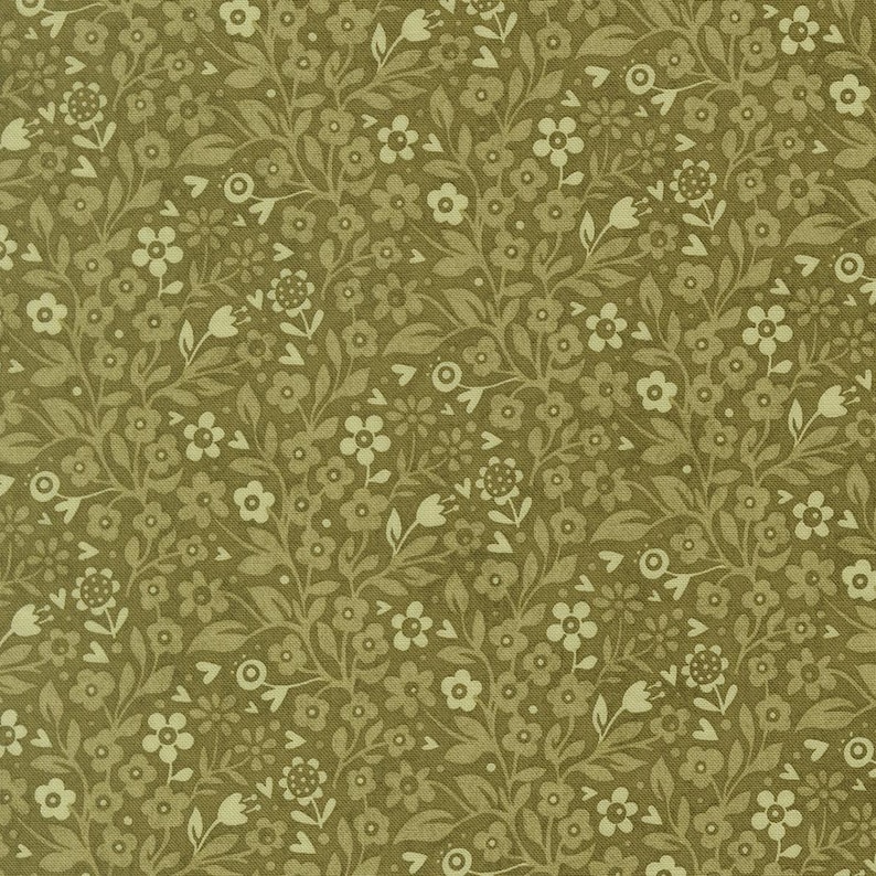 May include: A fabric featuring an olive green background with a dense, repeating pattern of small, light cream-colored flowers, leaves, and stems. The design consists of various five-petaled blossoms, buds, and foliage arranged in a continuous vine-like layout.