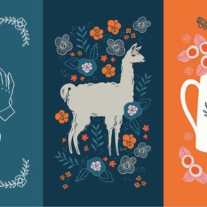 May include: Three illustrations on a white background. The first illustration is a pair of hands holding a ball of yarn with a heart shape formed by the yarn. The second illustration is a llama standing in a field of flowers. The third illustration is a white teapot with a pink bird design on the side, surrounded by flowers.