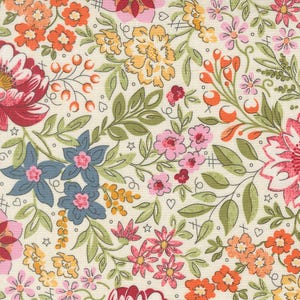 May include: A fabric pattern featuring a dense floral print on a cream background. The design includes stylized flowers in shades of red, pink, yellow, and blue, interspersed with green leaves, small berries, and tiny star and heart line art icons.
