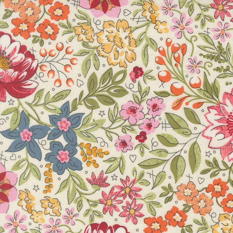 May include: A fabric pattern featuring a dense floral print on a cream background. The design includes stylized flowers in shades of red, pink, yellow, and blue, interspersed with green leaves, small berries, and tiny star and heart line art icons.