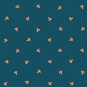 May include: A teal background with a repeating pattern of orange and white mushrooms. The mushroom caps are orange with white spots, and the stems are white. The mushrooms are evenly spaced across the surface.