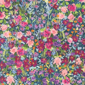 May include: A fabric with a vibrant floral pattern. The design features a dense arrangement of flowers in shades of pink, fuchsia, purple, and orange, set against a dark blue background. The flowers vary in size and shape, creating a lively, naturalistic look.