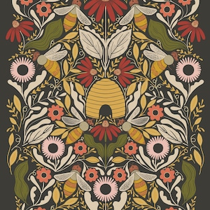 Bee Garden Panel Metallic Black by Gingiber for Moda Fabrics