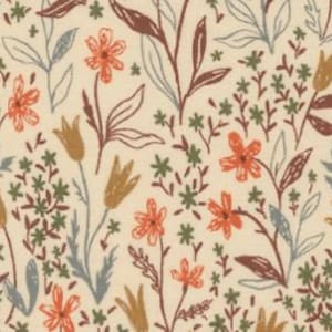 May include: A cream-colored floral pattern featuring orange, brown, and green flowers and foliage. The design includes stylized flowers, leaves, and stems in a repeating pattern, creating a botanical theme.