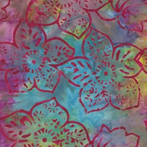May include: A blue and purple fabric with a pink floral pattern. The flowers are outlined in a darker pink and have a circular design in the center.
