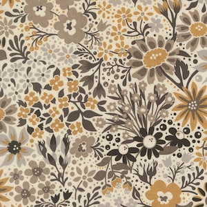 May include: A fabric with a floral pattern in shades of brown, gray, and gold on a cream background. The design features various flower types and sizes, with detailed leaves and stems. The overall aesthetic is vintage and botanical.