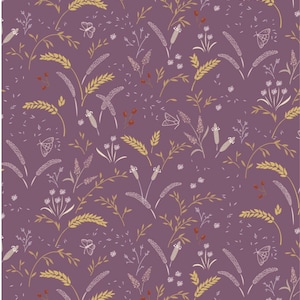 May include: A seamless pattern featuring a variety of stylized plants and butterflies on a purple background. The pattern includes wheat stalks, wildflowers, and butterflies in shades of white, yellow, and brown.