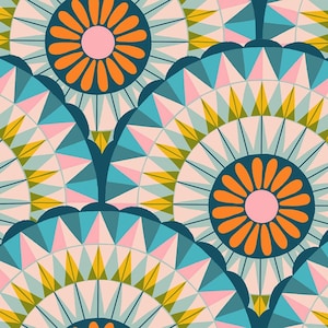 May include: A repeating pattern featuring stylized floral and geometric shapes in a variety of colors. The design includes orange, pink, teal, and yellow elements on a light pink background. The pattern is symmetrical and visually appealing.