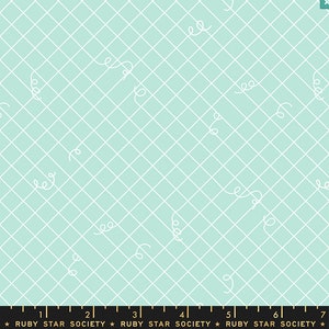 May include: A light blue and white fabric with a repeating pattern of white diamonds and white squiggly lines. The fabric has a subtle sheen and a soft texture.