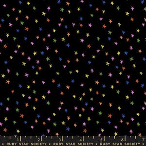 May include: Black fabric with a scattered pattern of colorful stars in shades of pink, yellow, orange, green, and blue. The text "RUBY STAR SOCIETY" is at the bottom of the image.