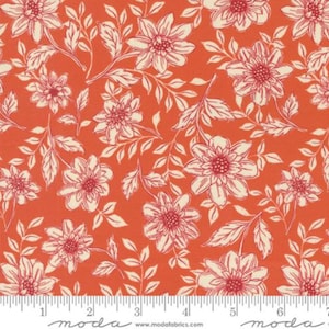 May include: A red fabric with a white floral pattern. The flowers are stylized and have a vintage look. The fabric is perfect for quilting, crafts, and home decor.