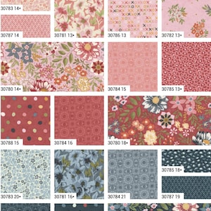 May include: A collection of patterned fabric swatches labeled Fieldrush by BasicGrey, featuring various floral, geometric, polka dot, and animal print designs in shades of pink, red, blue, and dark gray, each marked with a unique product code.