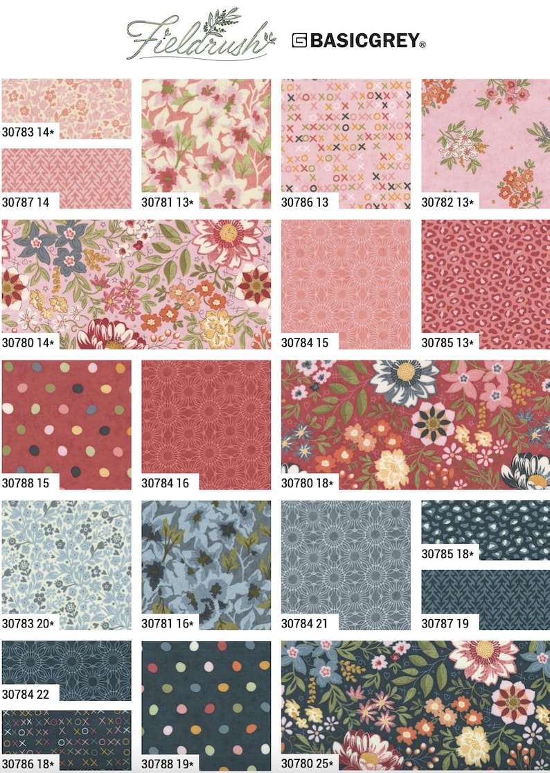 May include: A collection of patterned fabric swatches labeled Fieldrush by BasicGrey, featuring various floral, geometric, polka dot, and animal print designs in shades of pink, red, blue, and dark gray, each marked with a unique product code.