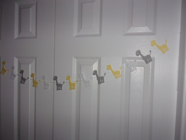 Giraffe Garland Pale Yellow Grey White Cardstock Paper Neutral Girl Boy Baby Shower Banner Birthday Wall Door Mantel Decor Short Or Long