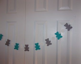 Teddy Bear Garland - Teal, Medium Grey & White - Cardstock Paper - Boy Baby Shower Decoration Hanging Wall, Mantel Decor Birthday Party
