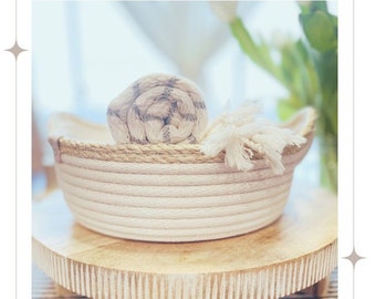 The SMALL TRAY BASKET - handcrafted with sustainable cotton rope and designed with 2 handles. Perfect for storing bread, fruit and more.