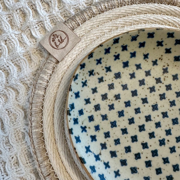 The TRIVET- handcrafted with 100% unbleached cotton rope and hand crochet flax/linen trim - kitchen decor, hot pad, pot holder