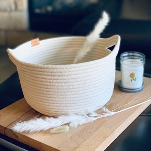 The BASIN BASKET handcrafted with sustainable cotton rope & designed with 2 handles. Organize books, notions, towels, bread basket, decor image 4