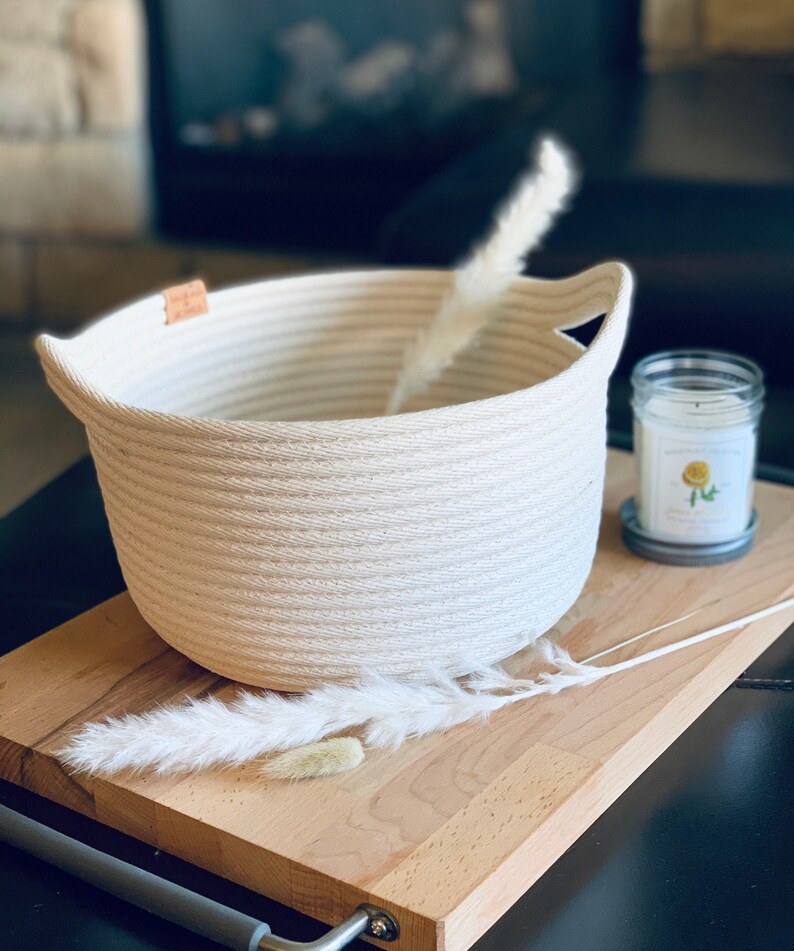 The BASIN BASKET handcrafted with sustainable cotton rope & designed with 2 handles. Organize books, notions, towels, bread basket, decor image 4