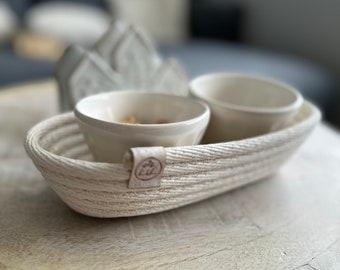 The MINI OVAL Rope Basket is handcrafted with 100% cotton rope -  a decorative basket for glasses, gifts, desk, and home organization.