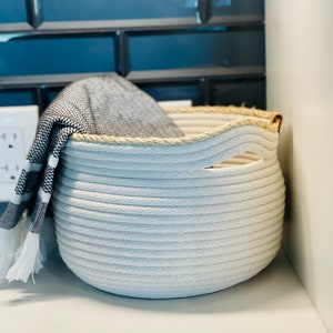 The BASIN BASKET handcrafted with sustainable cotton rope & designed with 2 handles. Organize books, notions, towels, bread basket, decor image 2