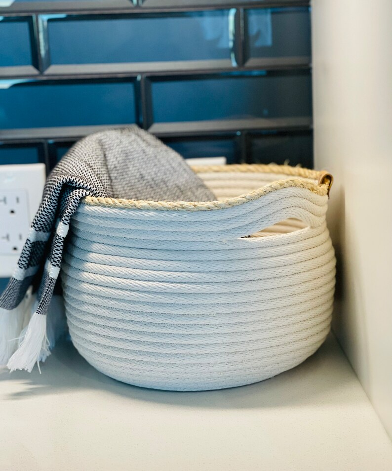 The BASIN BASKET handcrafted with sustainable cotton rope & designed with 2 handles. Organize books, notions, towels, bread basket, decor image 2