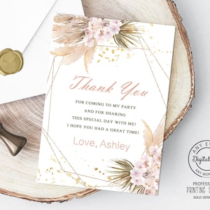 Pampas Grass Brautdusche Dankeskarte, Blumen Boho Geometrisches Goldrahmen Hochzeit Mittagessen, moderne Wüsten Thema Brautbrunch