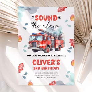 Fire Truck Birthday Invitation, Sound the Alarm Boy Birthday Printable, Fireman Party Invite, Kids Firefighter Fire Engine Digital