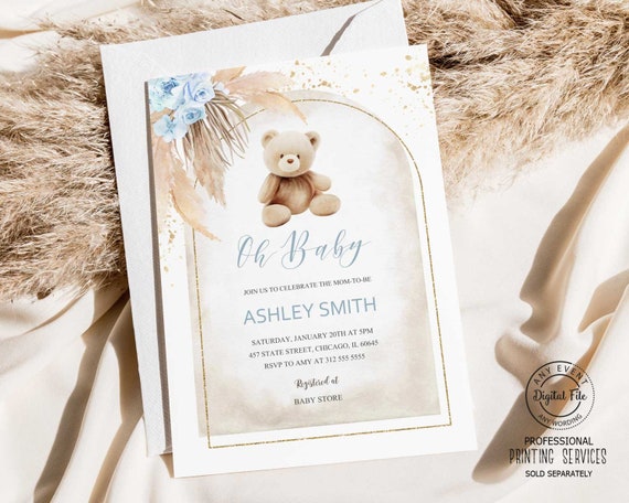 Boho Teddy Bear Boy Baby Shower Invitation, Oh Baby Bohemian Sprinkle Invite Pampas Grass Party Printable We Can Bearly Wait Digital 1061 Il_570xn