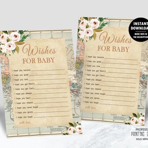 Juego de cartas imprimible con deseos para bebés, para baby shower con mapa de palabras, con temática de viajes alrededor del mundo, descarga digital 1014