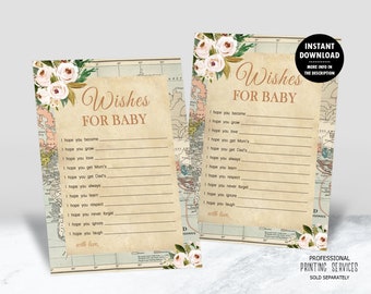 Wishes for Baby Printable Card Game for Word Map Baby Shower, Travel Theme Around the World Digital Download 1014