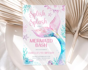 May include: A mermaid-themed birthday party invitation featuring a watercolour illustration of a mermaid tail, seashells, and seaweed. The text reads "Splish Splash It's a Mermaid Bash" and includes details for Isabella's 4th birthday party.