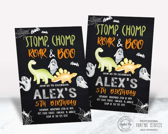 Halloween Dinosaur Birthday Invitation, Dino Boy Party Invite, Halloween Costume Kids Party, October Boy Birthday, Trick or Treat Ghost Il_570xn