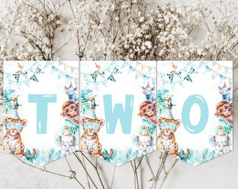Banner di compleanno Two Wild, decorazione per feste di compleanno per bambine o bambini nati due anni fa, decorazione per animali da safari, animali da festa per il 2° compleanno, compleanno allo zoo