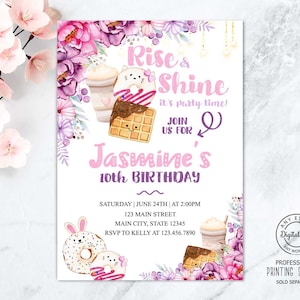 Floral Rise and Shine Kids Birthday Brunch Party Invite, Donuts Waffles Breakfast Birthday Party, You Donut Want to Miss, Pajamas Birthday