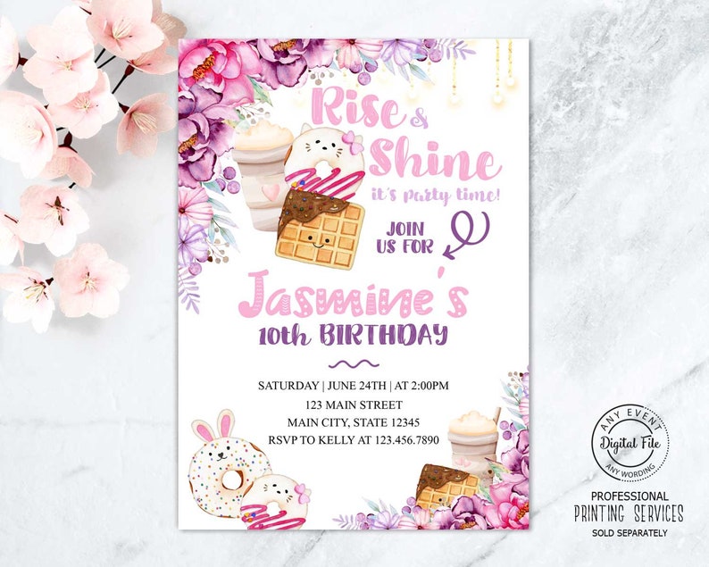 Floral Rise and Shine Kids Birthday Brunch Party Invite, Donuts Waffles Breakfast Birthday Party, You Donut Want to Miss, Pajamas Birthday