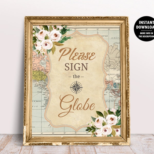 Travel Compass Please Sign the Globe Sign Decor, Around the World Map Baby Shower Decorations Boy or Girl Printable 1014