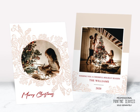 Elegant Rose Gold Berries Christmas Family Photo Card, Merry Christmas Greeting Card, Printable Floral Happy Holidays Card Il_570xn