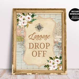 Weltkarte Gepäck Drop-off Schild-Dekor, Reise-Abenteuer rund um die Welt Babyparty Gender Neutral Dekorationen Printable 1014